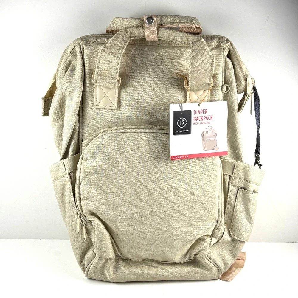 Live In Style Diaper Backpack Unisex‎ Tan NEW Recycled Polyester Multi Pocket